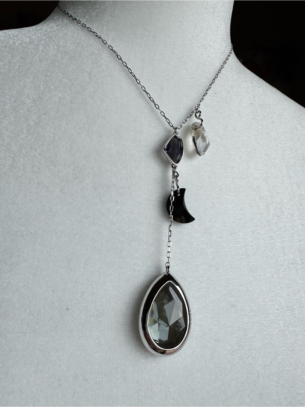 NWTSwarovski Silver-Tone Necklace with Clear and Black Crystal Drops